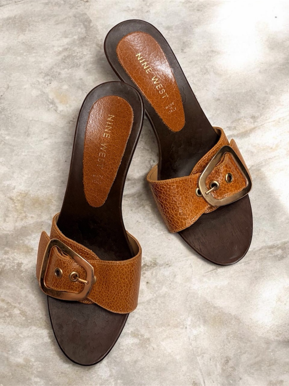 Nine West Brown Leather Buckle Slide Mules